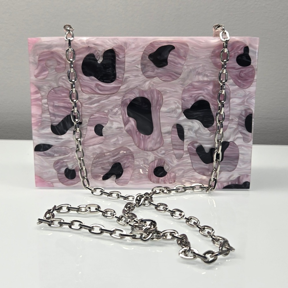 Womens Unique Pink Acrylic Box Purse Clutch Shoulder Bag Cheetah‎ Leopard Chain